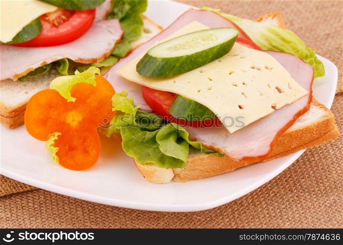 Sandwiches with rusks, vegetables, bacon and cheese on plate.