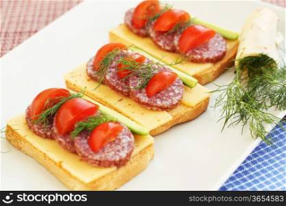 Sandwiches with salami, cheese, cherry tomato and dill on plate.