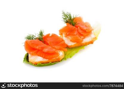 Sandwiches with salmon fillet on lettuce leaf isolated on white background.