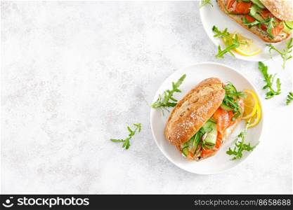Sandwiches with salted salmon, arugula and cucumber. Breakfast. Top view