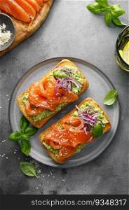 Sandwiches with salted salmon. Healthy food, breakfast. Top view