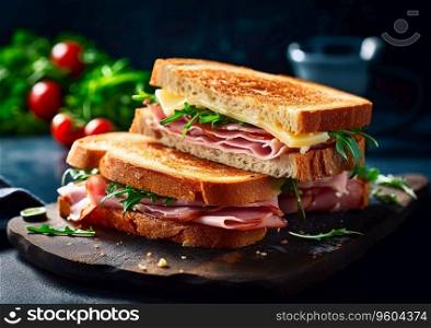 Sandwiches with toasted bread and ham with cheese and rucola on wooden table.AI Generative