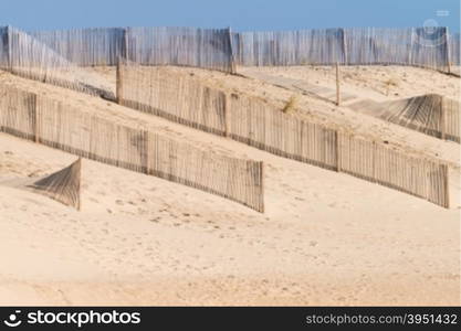 Sandy beach and dunes with windbreaker wooden stick fences, in Costa Nova, Aveiro - Portugal.