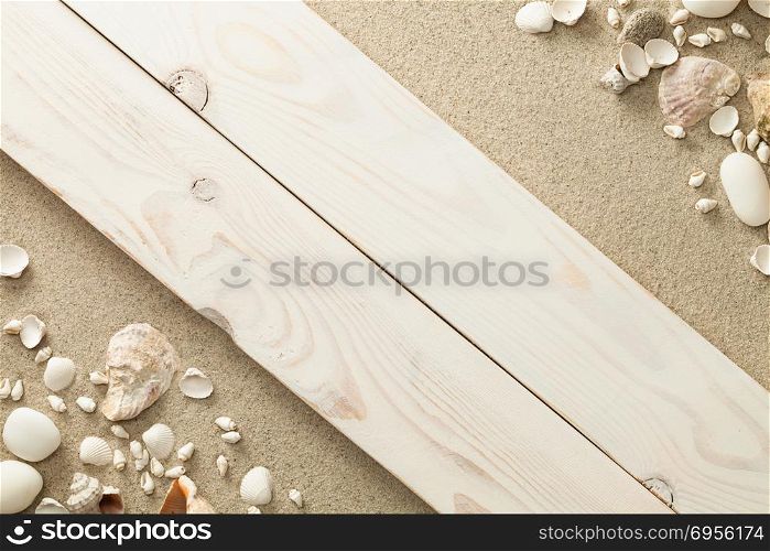 Sandy beach background with shells and stones. Copy space. Top view. Sandy Beach Background with Shells and Stones