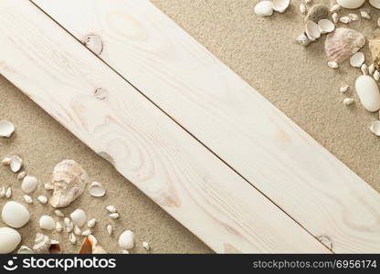 Sandy beach background with shells and stones. Copy space. Top view. Sandy Beach Background with Shells and Stones