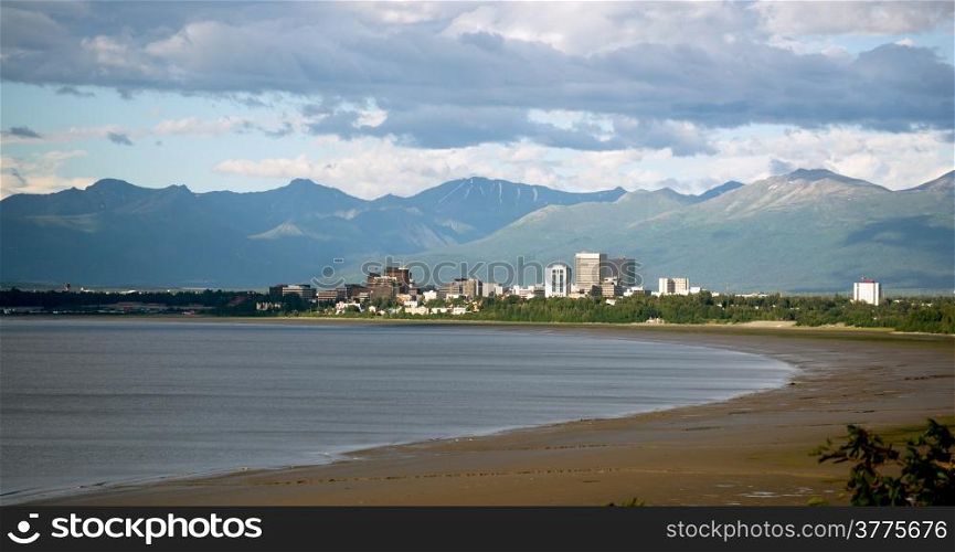 Sandy beach bay Anchorage Alaska downtown city skyline