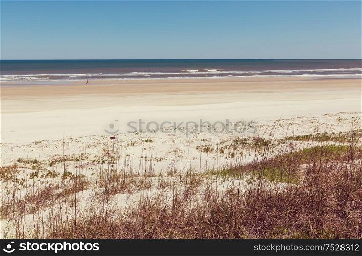 Sandy beach in ocean coast. Travel background.