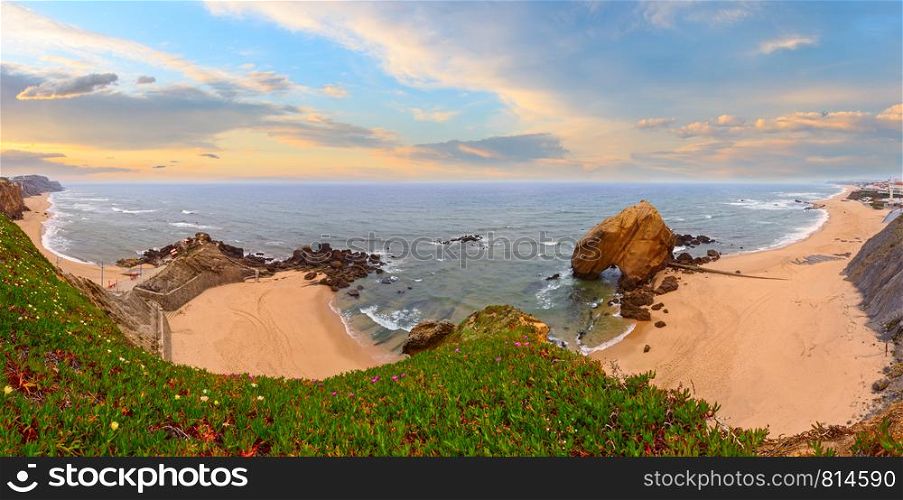 Sandy beaches Praia do Guincho and Praia de Santa Cruz, Portugal. Misty weather. People are unrecognizable. Multi shots high resolution panorama. Beautiful natural summer vacation travel concept.