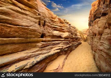 Sandy canyon in desert of Sinai at sunset