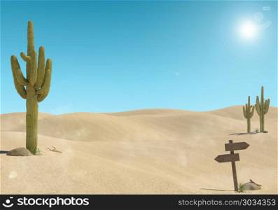 Sandy desert landscape with cactus and wooden sign on blue sky background, 3D Rendering