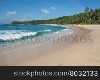 Sandy paradise beach with coconut palms, golden sand and emerald green water on the edge of Indian Ocean, Southern Province, Sri Lanka, Asia.