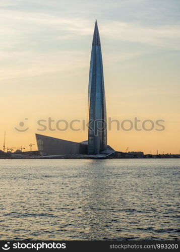 Sankt Petersburg, Russia - July 27, 2019: Sunset on Gulf of Finland. Skyscraper Lakhta-Center