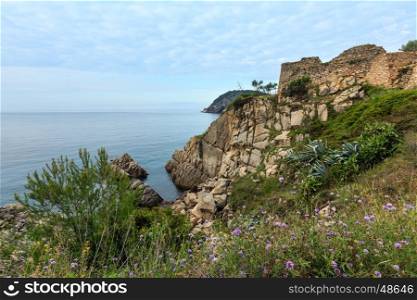 Sant Esteve de Mar castle ruins and sea scenery, Palamos, Girona, Costa Brava, Spain.