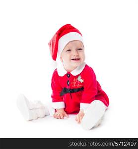 Santa baby girl in christmas dress isolated on white