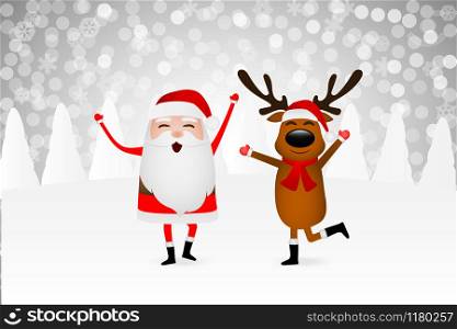 Santa Claus and funny reindeer in a winter forest on a hill wave their hand and greet. Santa Claus and funny reindeer in a winter forest on a hill wave their hand