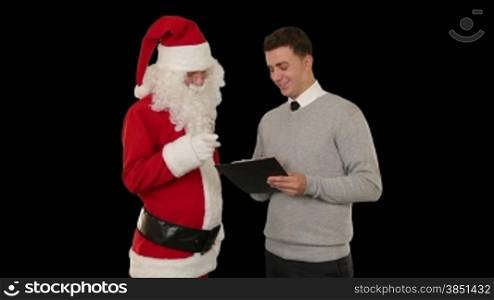 Santa Claus and Young Businessman against black