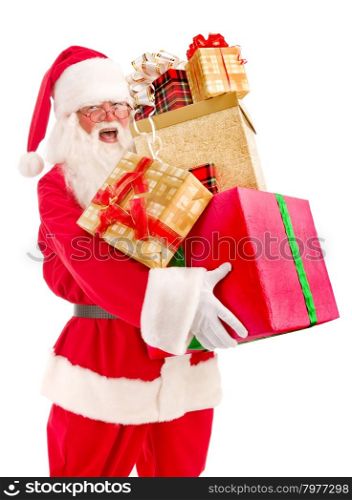 Santa Claus Brought a Lot of Christmas Presents on a White Background