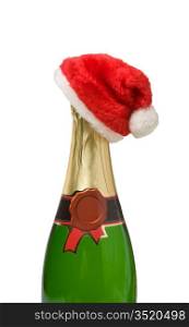 Santa Claus cap on a bottle of champagne isolated on white