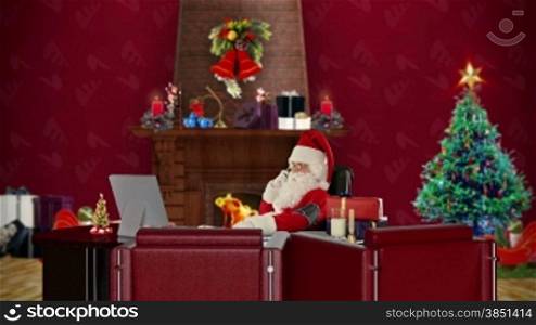 Santa Claus checking blood pressure and talking on mobile to his doctor, office with Christmas decorations
