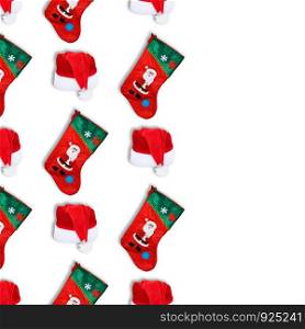 Santa Claus christmas red hat and christmas sock isolated on white background. Christmas seamless pattern. Copy space.