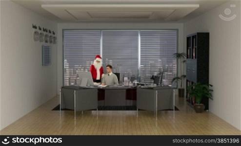 Santa Claus collaborating with a successful young Businessman