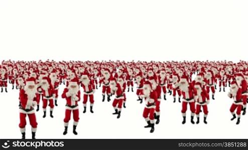 Santa Claus Crowd Dancing, Christmas Party cam fly over, against white