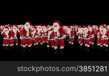 Santa Claus Crowd Dancing, Christmas Party Earth Shape, against black