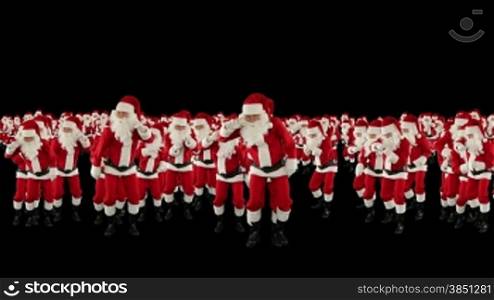 Santa Claus Crowd Dancing, Christmas Party Earth Shape, against black