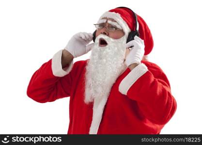 Santa Claus enjoying music from headset over white background