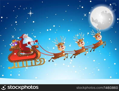 santa claus fly in sky at xmas night to send gift to people,vector illustration