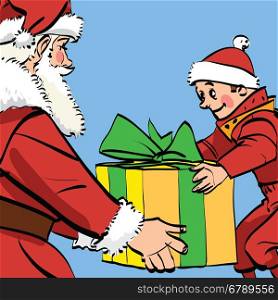 Santa Claus gives the boy a box of gifts, comic book retro illustration. Christmas and New year