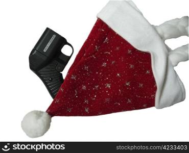 Santa Claus hat and traumatic fire gun isolated