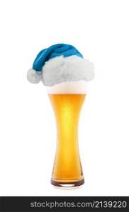 Santa Claus hat with beer isolated on a white background. Santa Claus hat with beer