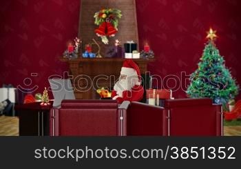 Santa Claus having a migraine is checking blood pressure, office with Christmas decorations