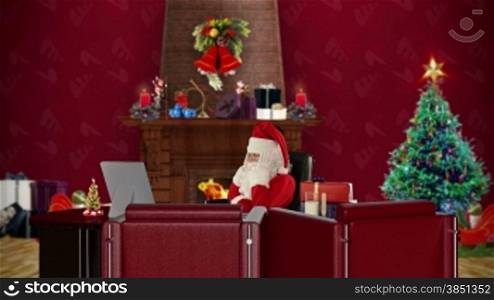 Santa Claus having a migraine is checking blood pressure, office with Christmas decorations