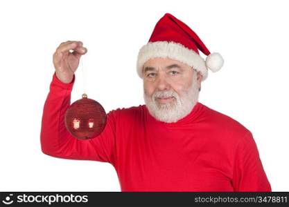 Santa Claus holding a bright ball of Christmas isolated on white background