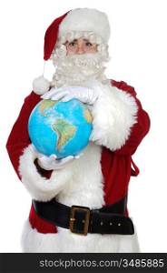 Santa Claus holding a globe over white background