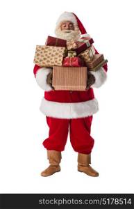 Santa Claus holding stack of gift boxes Full-Length Portrait