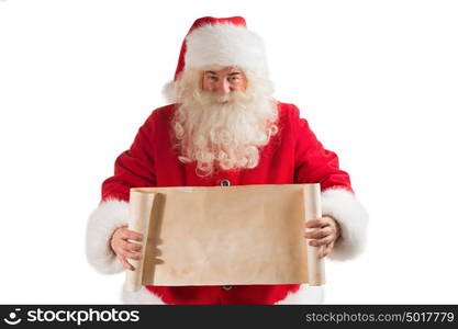 Santa Claus Holding Vintage Banner with Space for Your Text Isolated On White Background