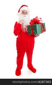 Santa Claus in his pajamas, surprised by a Christmas gift for him. Full body isolated.