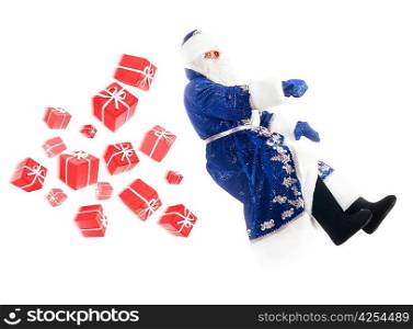 santa claus is driving and delivering gifts, isolated on white
