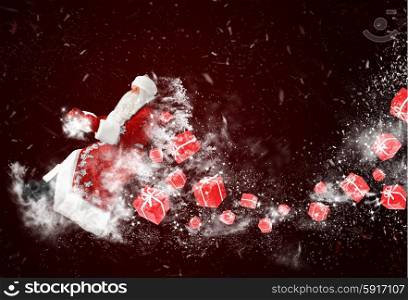 santa claus is flying with snow and gift boxes on deep red background