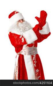 santa claus is putting on gloves, isolated on white