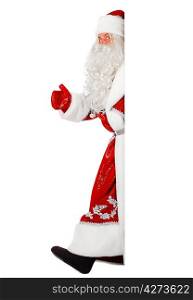 santa claus is walking out of white board, isolated on white