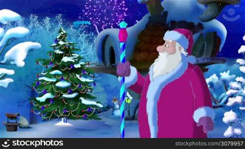 Santa Claus Lights a Christmas Tree in a Fairy Tale New Year Night. Handmade animation in classic cartoon style