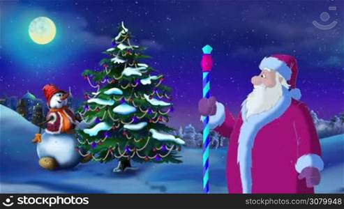 Santa Claus Lights a Christmas Tree in a New Year Evening. Handmade animation in classic cartoon style