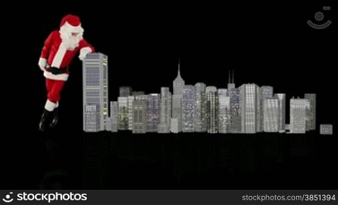 Santa Claus magically building a modern city, against black
