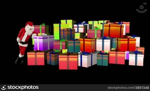 Santa Claus magically piling up gift boxes, against black