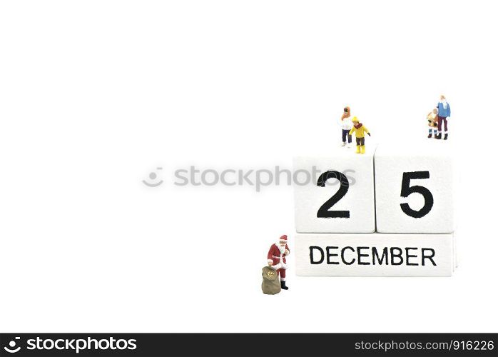 Santa Claus meeting children in Christmas day on the white background, Christmas and Holiday concept
