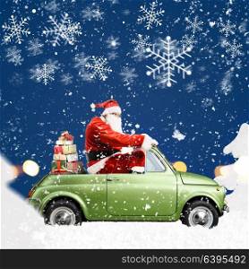 Santa Claus on car. Santa Claus on car delivering Christmas or New Year gifts at snowy blue background